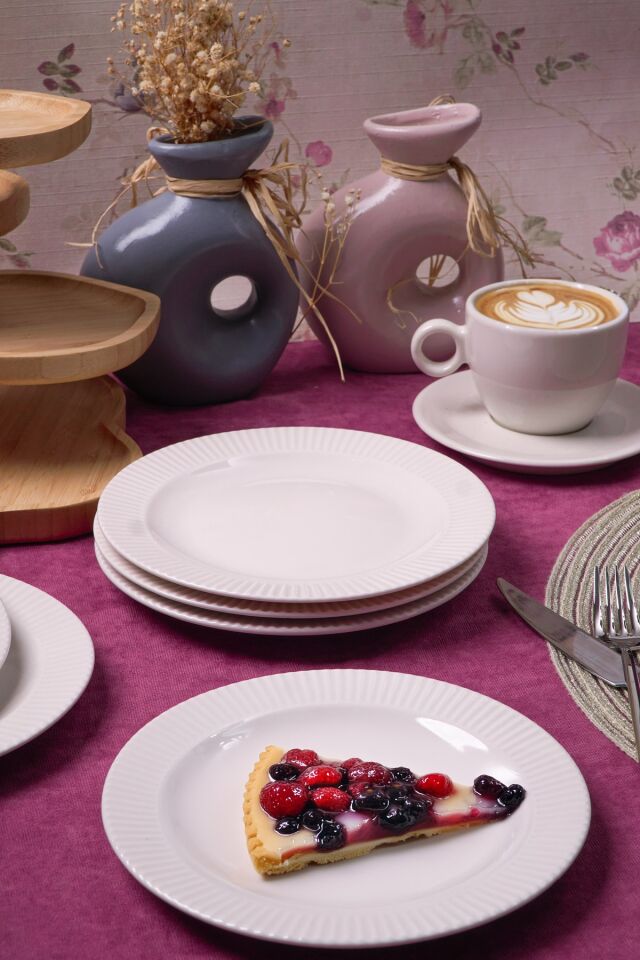 6'lı Elif 18 cm Porselen Pasta ve Tatlı Tabağı Seti - Zarif ve Modern Tasarım