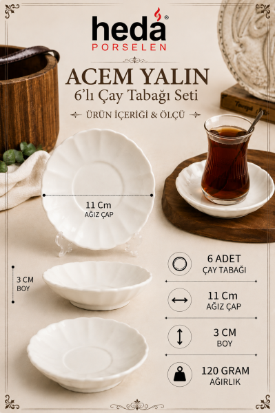 Acem Porselen Çay Tabağı 6'lı 11cm Kırık Beyaz