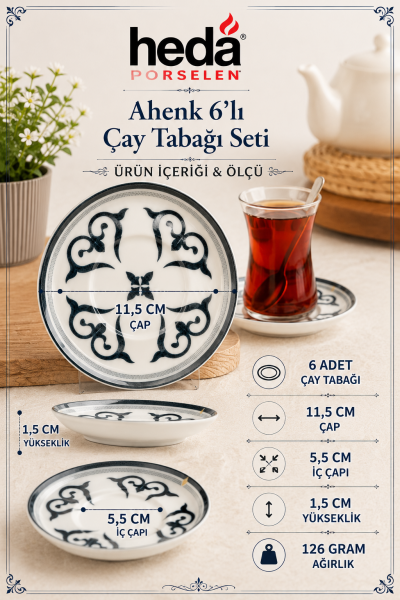Ahenk 6'lı Porselen Çay Tabağı Seti