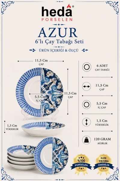 Azur 6 Parça Porselen Çay Tabağı Seti