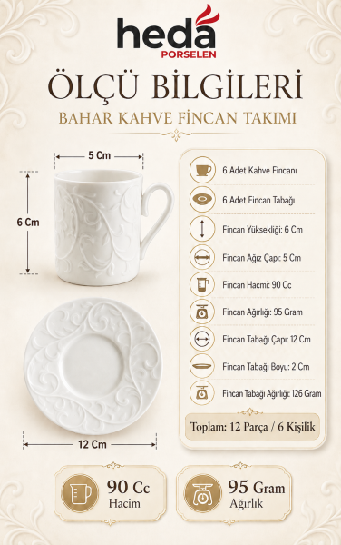Bahar 12 parça 6 Kişilik Porselen Kahve Fincan Takımı