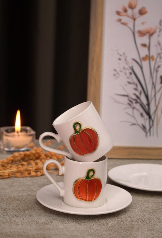 Balkabağı Kabartmalı 4 Parça 2 Kişilik Kahve Fincan Seti