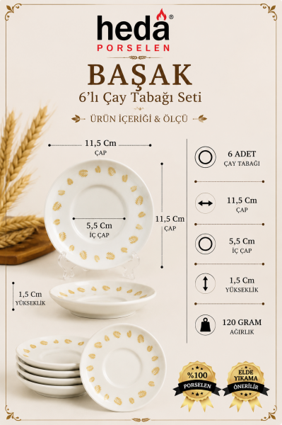 Başak 6'lı Porselen Çay Tabağı Seti