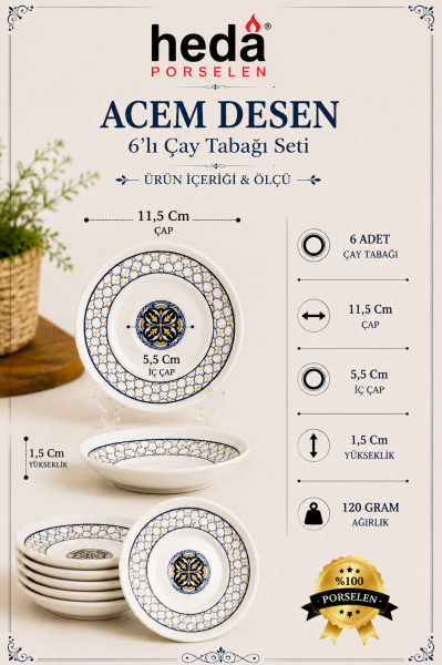 Bergama 6 Adet Porselen Çay Tabağı