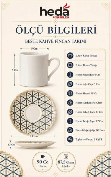 Beste 4 Parça 2 Kişilik Porselen Kahve Fincan Takımı