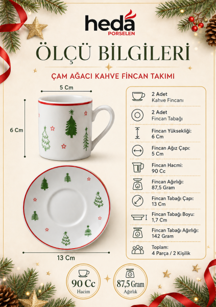 Çam Ağacı 2 Kişilk Porselen Kahve Fincan Takımı