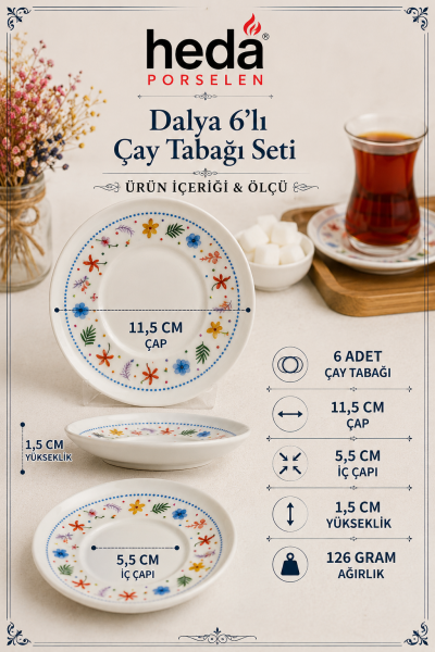 Dalya Porselen Çay Tabağı 6'lı 13cm Kırık Beyaz