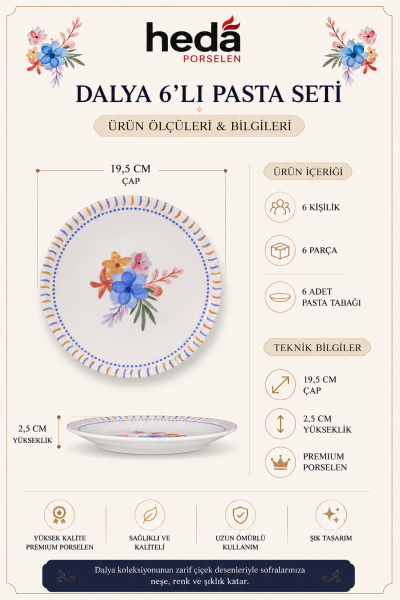 Dalya 6'lı Porselen Pasta Tabağı