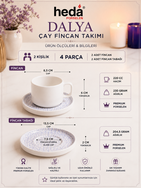 Dalya 4 Parça 2 Kişilik Porselen Çay Fincan Takımı