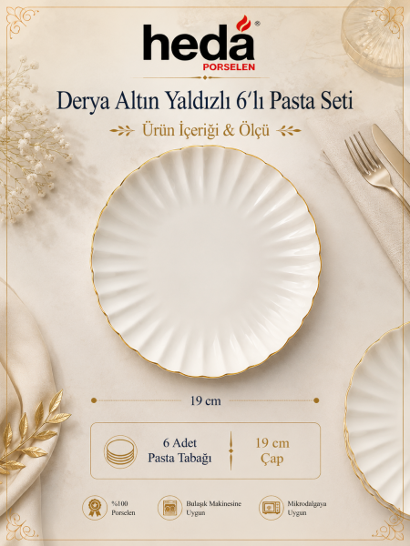 Derya 6 Parça Altın Yaldız Porselen Pasta Tabağı