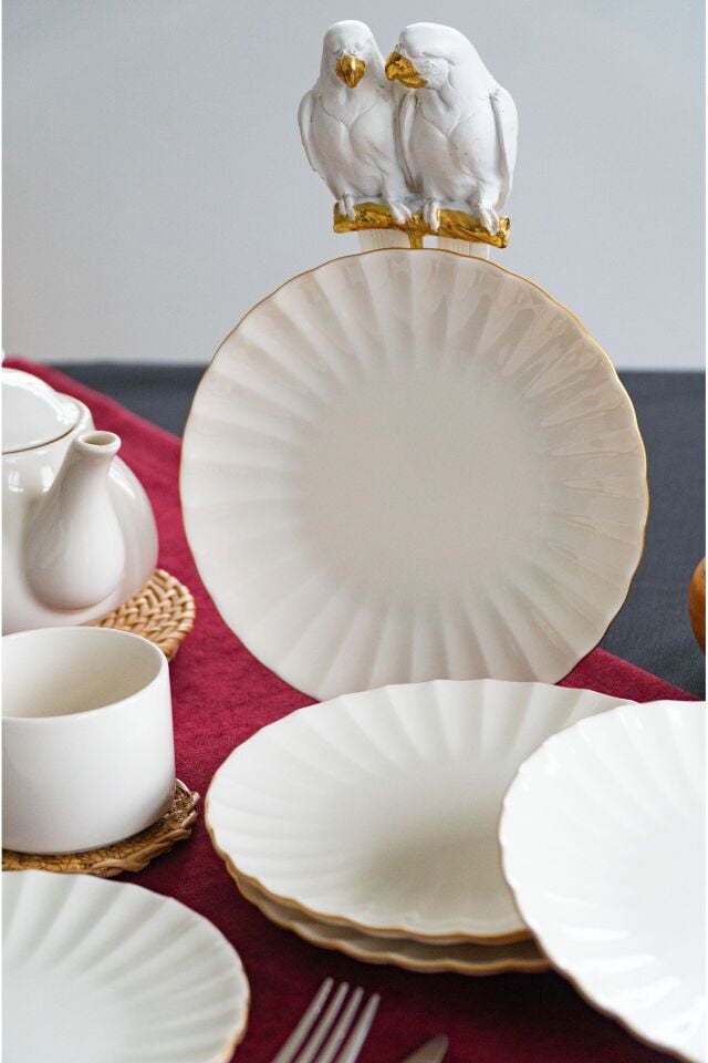 Derya 6 Parça Altın Yaldız Porselen Pasta Tabağı