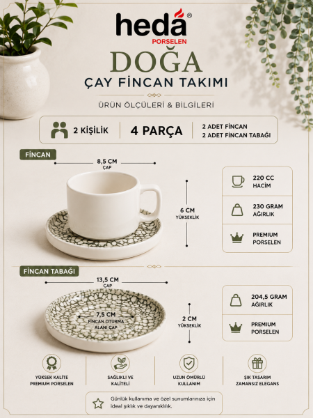 Doğa 4 Parça 2 Kişilik Porselen Çay Fincan Takımı