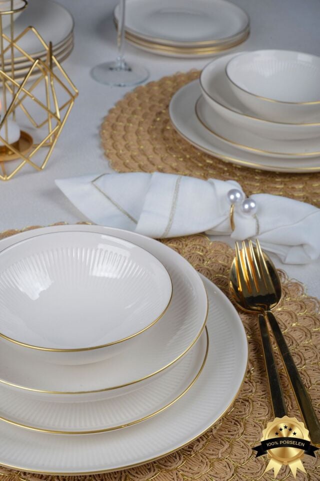 Düş 24 Parça 6 Kişilik Altın Yaldızlı Porselen Yemek Takımı