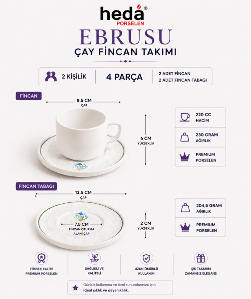 Ebrusu 6'lı Porselen Çay Tabağı Seti