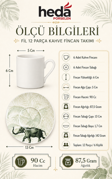 Fil 12 Parça 6 Kişilik Porselen Kahve Fincan Takımı