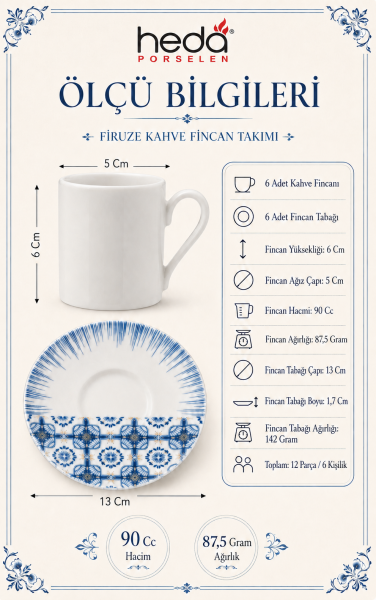 Firuze 12 Parça 6 Kişilik Porselen Kahve Fincan Takımı 100 ml