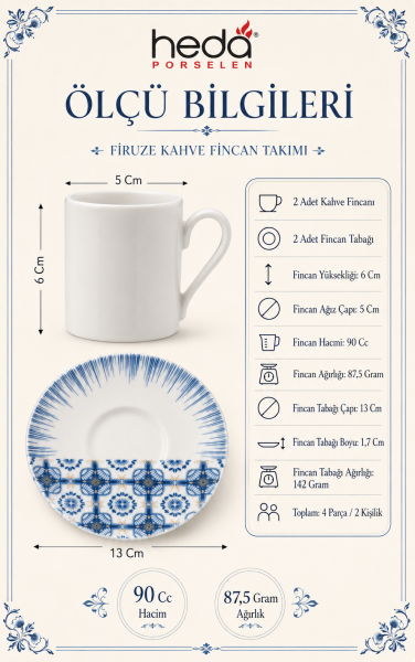 Firuze 4 Parça 2 Kişilik Porselen Kahve Fincan Takımı 100 ml