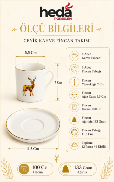 Geyik 12 Parça 6 Kişilik Porselen Kahve Fincan Takımı