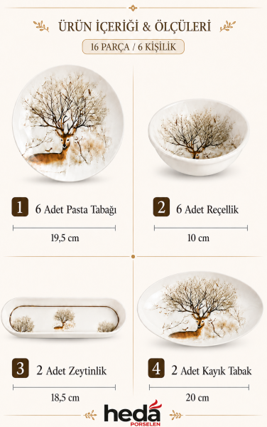 Geyik 16 Parça 6 Kişilik Porselen Kahvaltı Takımı