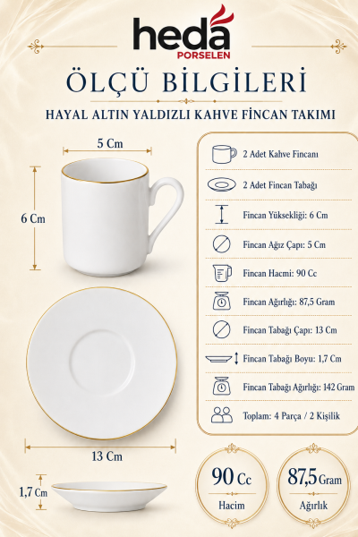 Hayal 2 Kişilik Altın Yaldız Porselen Kahve Takımı