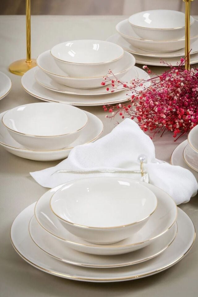 Hayal Altın Yaldız 24 Parça 6 Kişilik Porselen Yemek Takımı Kırık Beyaz