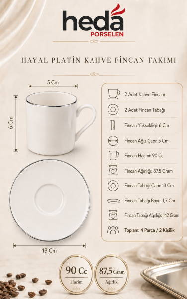 Hayal Platin Yaldız 4 Parça Porselen Kahve Takımı 2 Kişilik