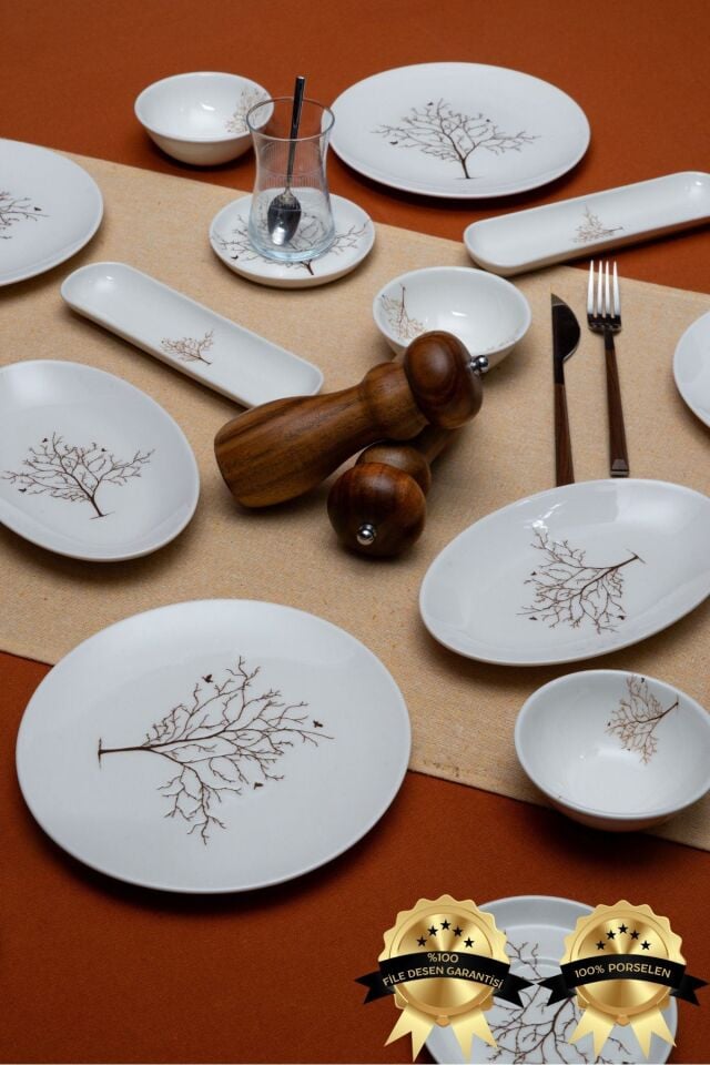 Hayat ağacı 16 Parça 6 Kişilik Porselen Kahvaltı Takımı