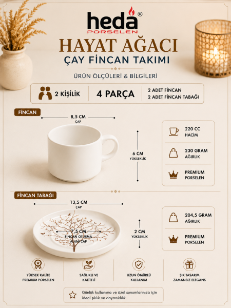 Hayat Ağacı 4 Parça 2 Kişilik Porselen Çay Fincan Takımı