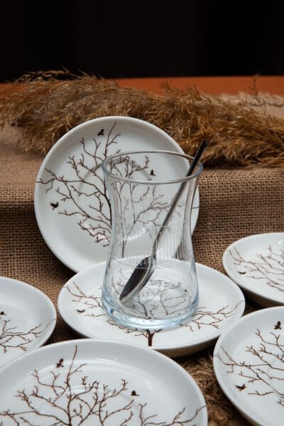 Hayat Ağacı Porselen Çay Tabağı 6'lı 13cm Kırık Beyaz