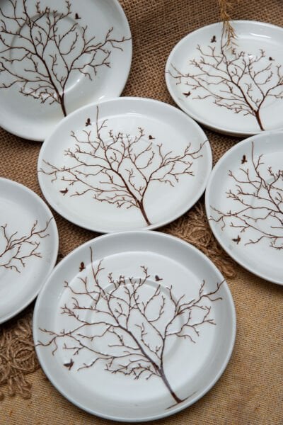 Hayat Ağacı Porselen Çay Tabağı 6'lı 13cm Kırık Beyaz