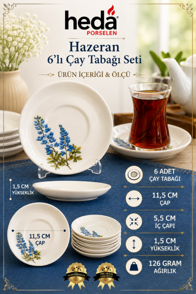 Hazeran 6’lı Porselen Çay Tabağı Seti 11,5 Cm - Çay Bardağı Altlığı