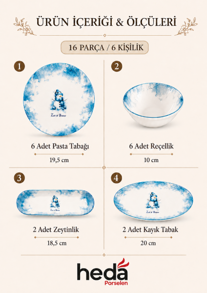 Kardan Adam 16 Parça 6 Kişilik Porselen Kahvaltı Takımı