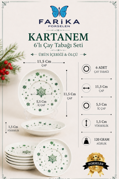 Kartanem 6'lı Porselen Çay Tabağı Seti