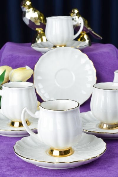 Lale 12 Parça 6 Kişilik Altın Yaldızlı Kahve Fincan Takımı