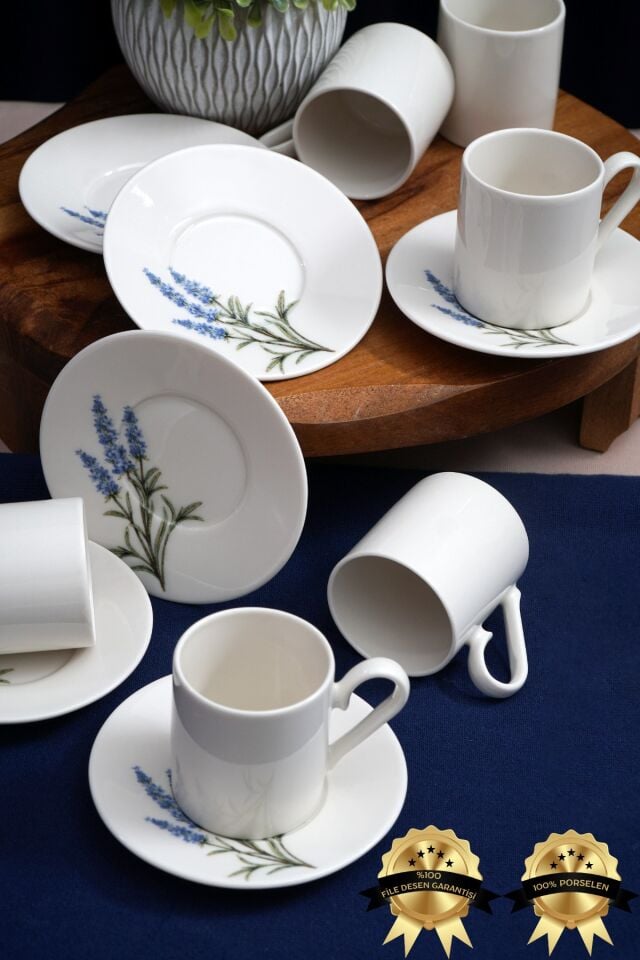 Lavanta 12 Parça 6 Kişilik Porselen Türk Kahvesi Fincanı Seti