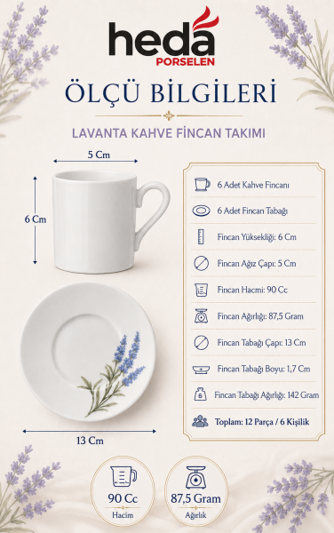 Lavanta 12 Parça 6 Kişilik Porselen Türk Kahvesi Fincanı Seti