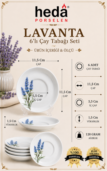 Lavanta 12cm 6 Parça Porselen Çay Tabak Seti