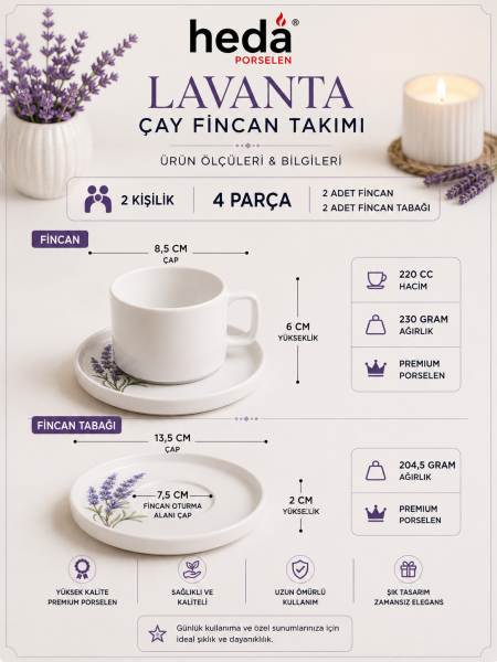 Lavanta 4 Parça 2 Kişilik Porselen Çay Fincan Takımı