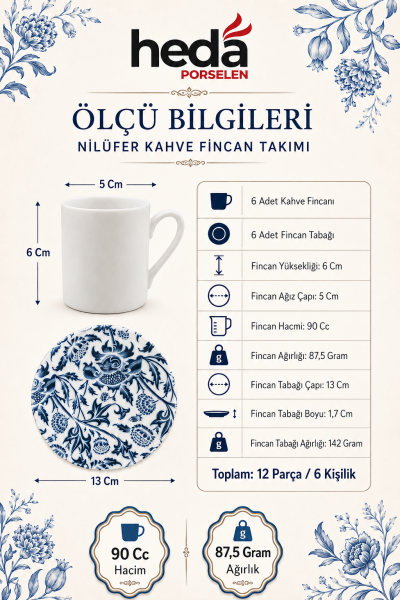 Nilüfer 12  Parça 6Kişilik Porselen Kahve Fincan Takımı