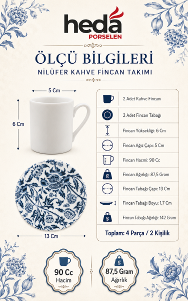 Nilüfer 4 Parça 2 Kişilik Porselen Kahve Fincan Takımı