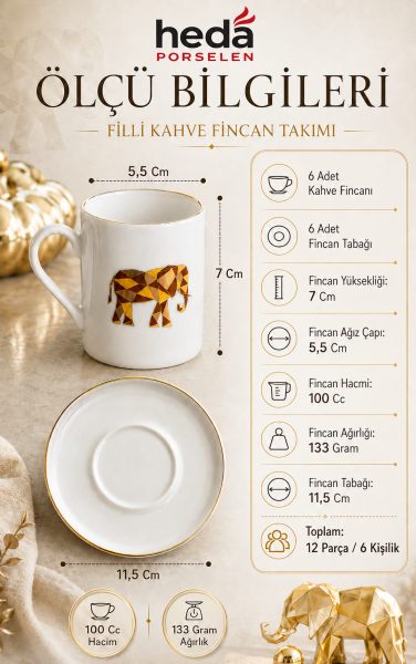 Origami Fil 12 Parça 6 Kişilik Porselen Kahve Fincan Takımı