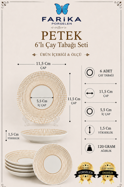 Petek 6'lı Porselen Çay Tabağı Seti