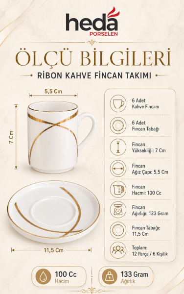 Ribon 12 Parça 6 Kişilik Porselen Kahve Fincan Takımı