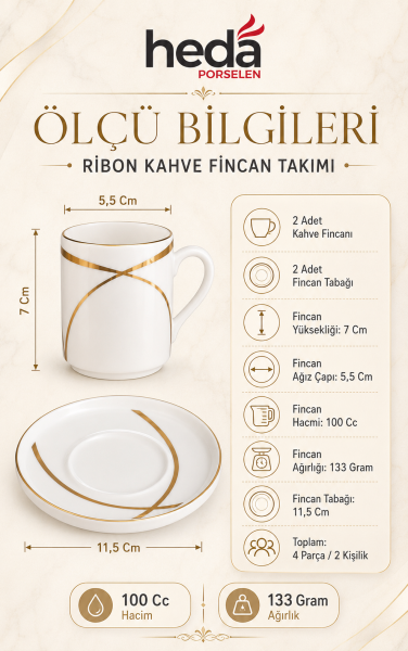 Ribon 4 Parça 2 Kişilik Porselen Kahve Fincan Takımı