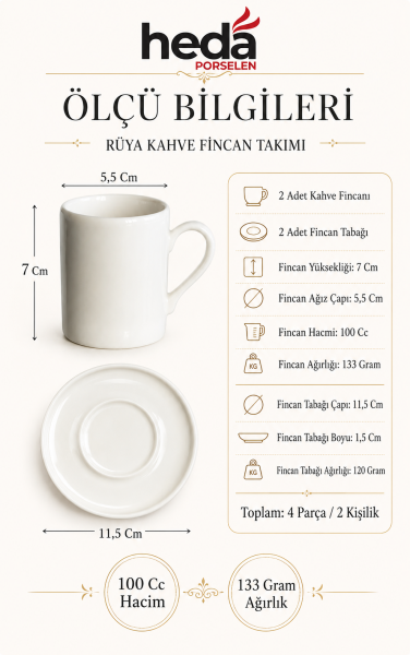 Rüya 4 Parça 2 Kişilik Porselen Kahve Fincan Takımı