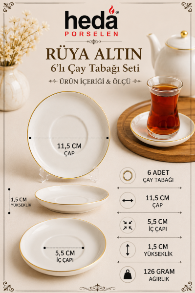 Rüya Altın Yaldız 6 Adet 12 Cm Porselen Çay Tabağı Kırık Beyaz