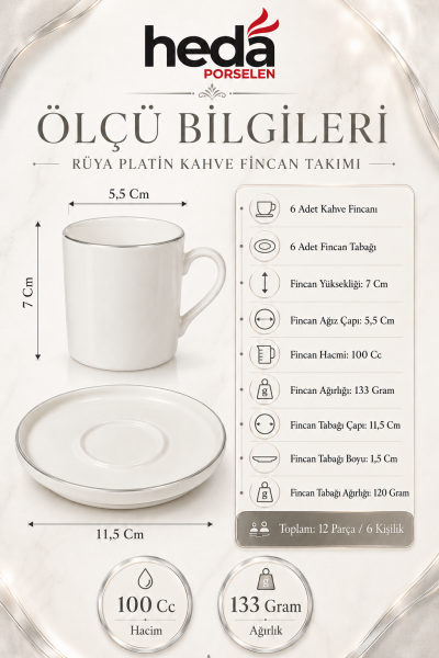 Rüya Platin Yaldız 12 Parça Porselen Kahve Takımı 6 Kişilik 100 ml