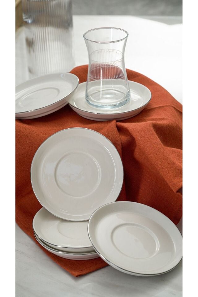 Rüya Platin Yaldız Porselen Çay Tabağı 6'lı 12cm Kırık Beyaz