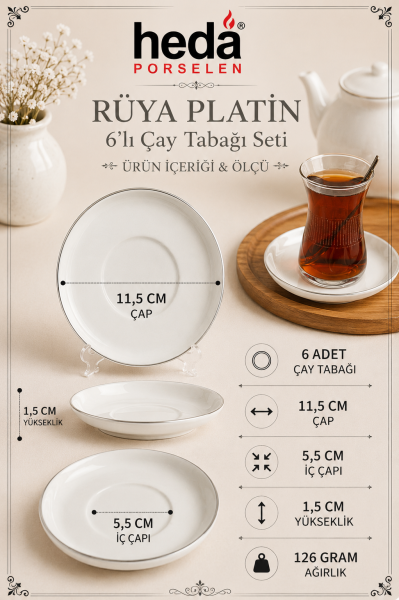 Rüya Platin Yaldız Porselen Çay Tabağı 6'lı 12cm Kırık Beyaz