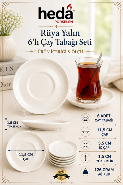 Rüya Yalın 6 Adet 12 Cm Porselen Çay Tabağı Kırık Beyaz